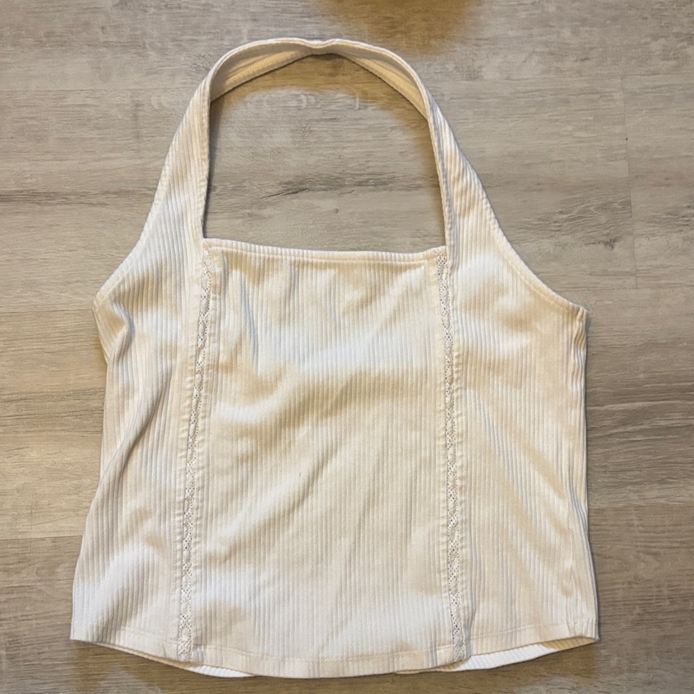 American Eagle Outfitters Cream Ribbed Halter Top